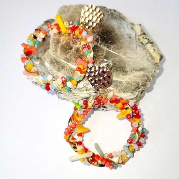 NEW! Multicolored Color Enhanced Coral & Glass Drop Hoop Earrings in Goldtone. - Picture 4 of 12